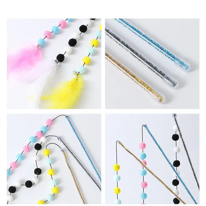 Interactive Cat Toy with Pompoms and Feathers - Play Rod for Cats