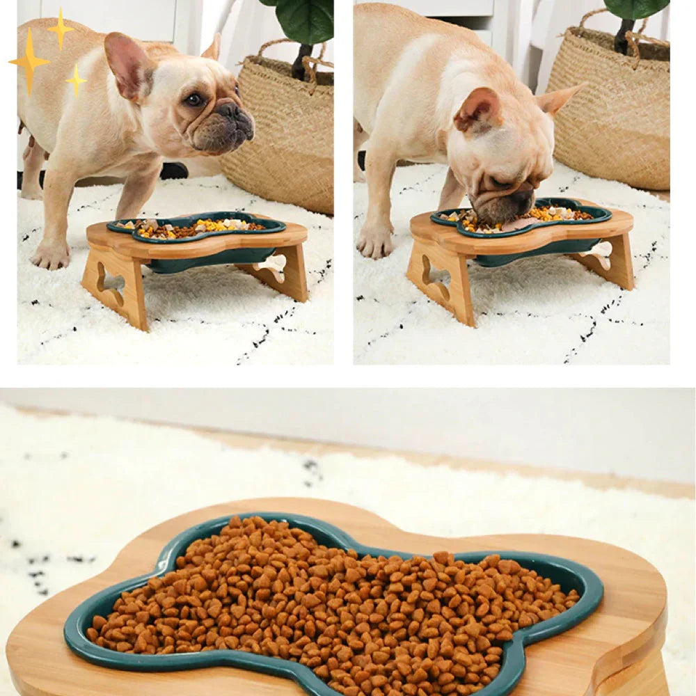 Ceramic Dog Bowl with Wooden Stand