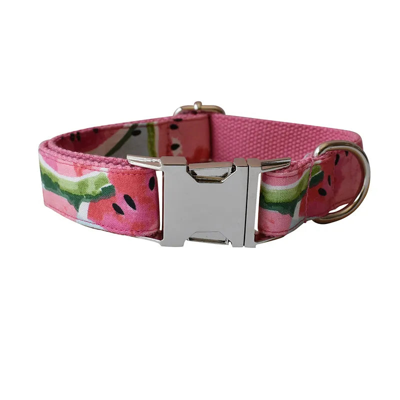 Dog Collar With Bow And Leash In Watermelon Design - Adjustable And Comfortable