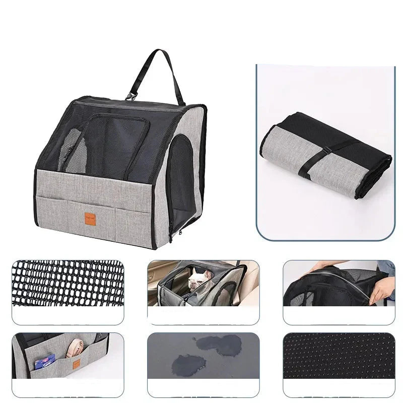 Safe Car Dog Seat - Foldable Transport Bag With Mesh Windows And Belt System