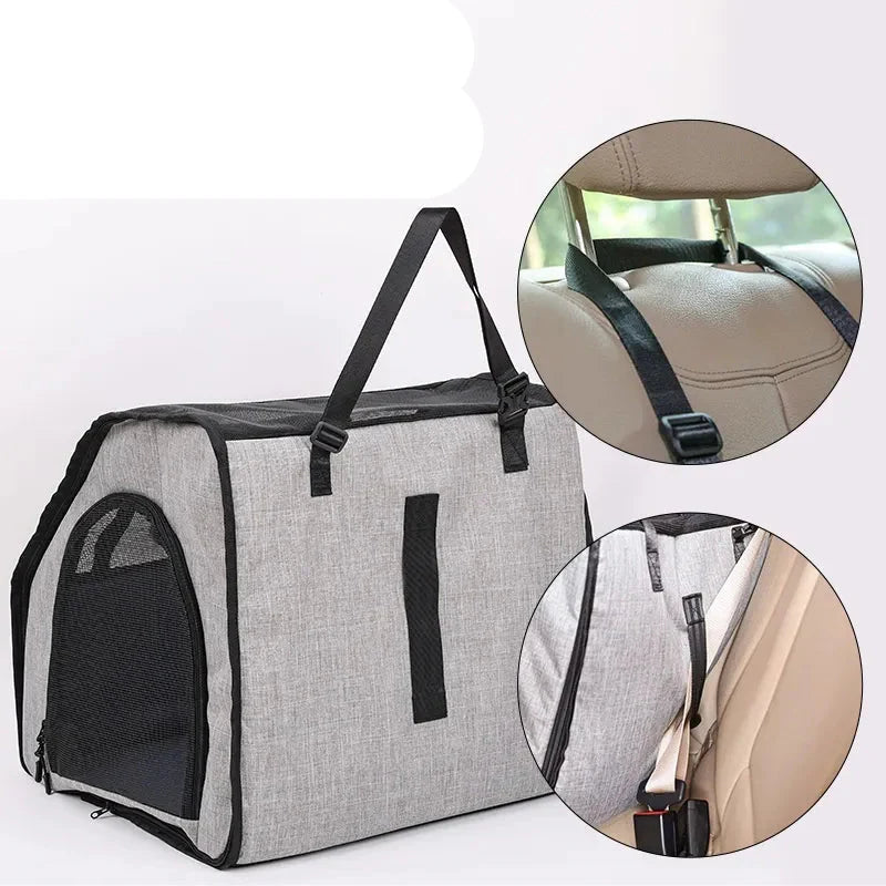 Safe Car Dog Seat - Foldable Transport Bag With Mesh Windows And Belt System