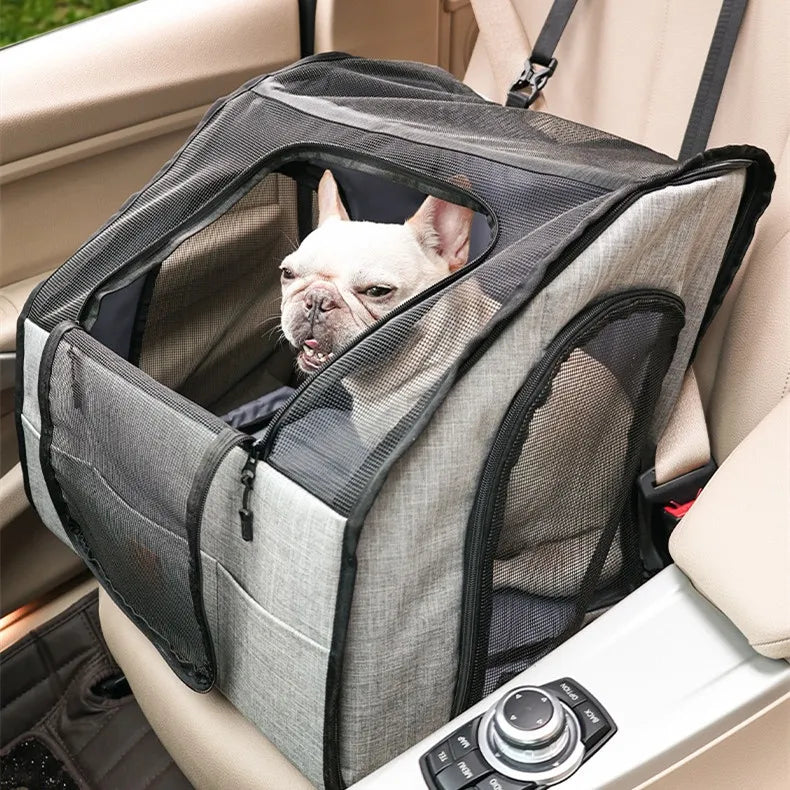 Safe Car Dog Seat - Foldable Transport Bag With Mesh Windows And Belt System