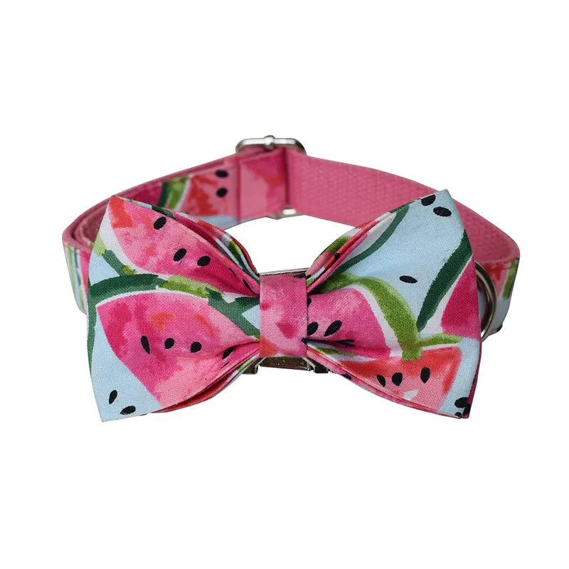 Dog Collar With Bow And Leash In Watermelon Design - Adjustable And Comfortable