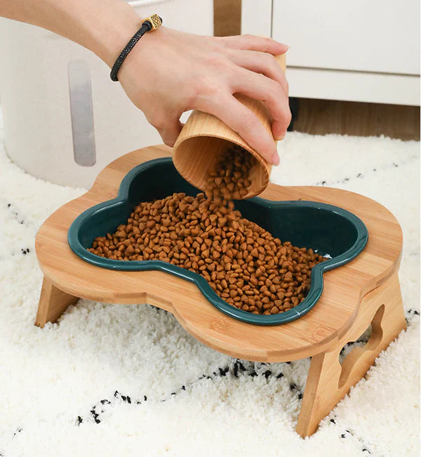 Ceramic Dog Bowl with Wooden Stand