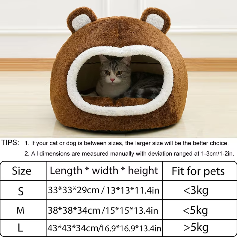 Cat Cave Bear - Fluffy Cat Bed With Non - Slip Base And Thick Padding