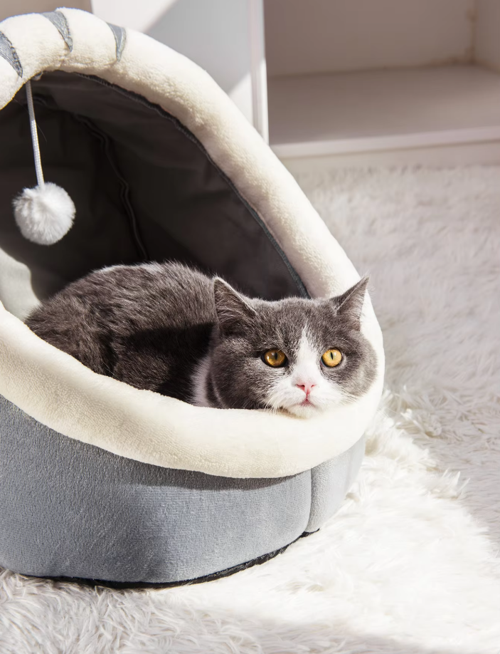 Cuddly Cat Bed Cave - Soft Igloo  With Ears Play Ball