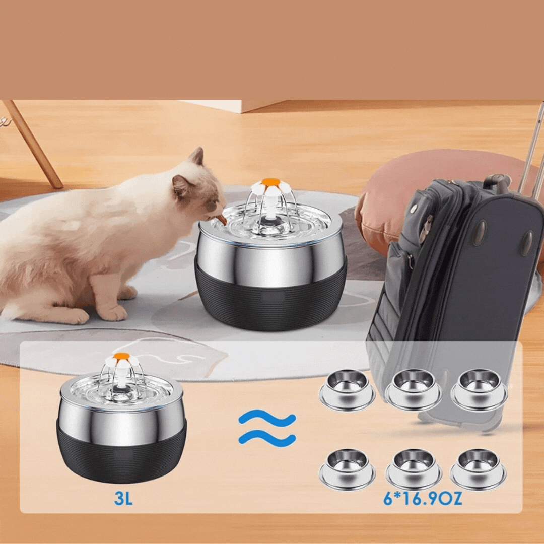 3 Litre Stainless Steel Drinking Fountain for Dogs and Cats - Quiet Water Dispenser with Double Spout
