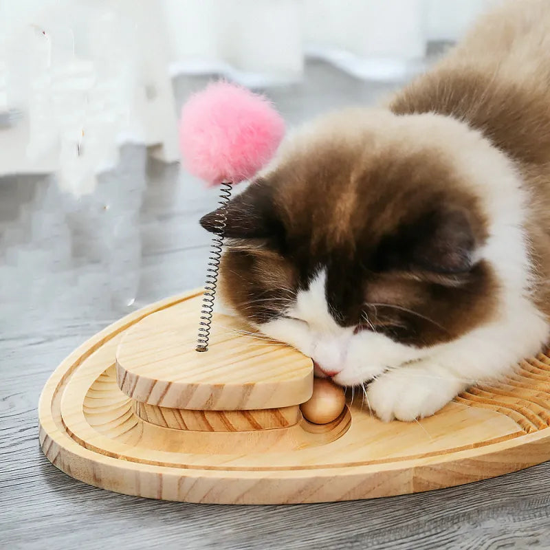 Wooden Cat Toy Scratching Board - Interactive Play Mat With Feather And Ball
