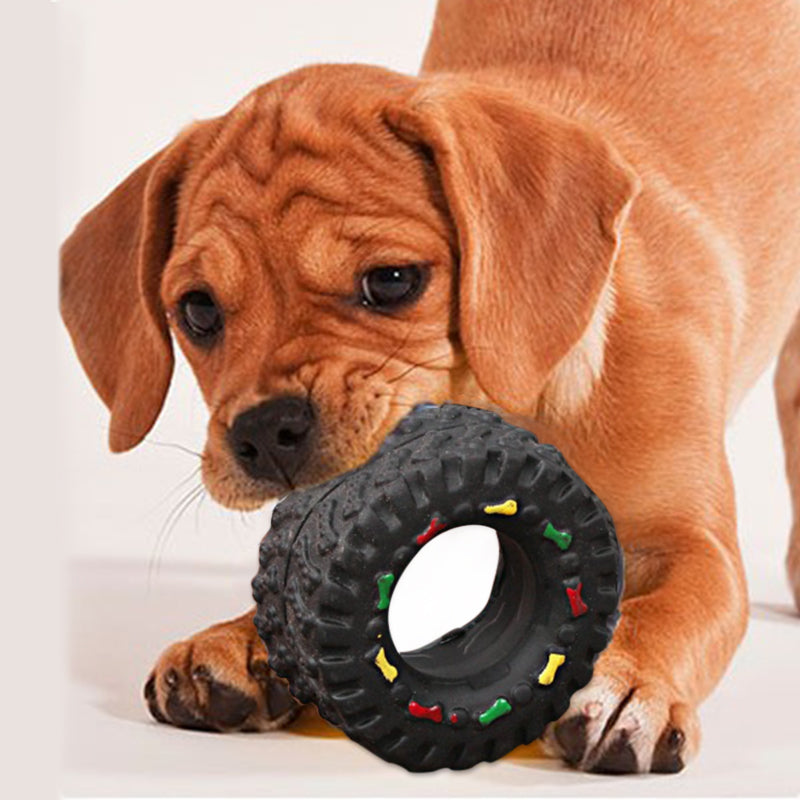 Robust Dog Toy In Tire Shape With Chew Structure And Colourful Details