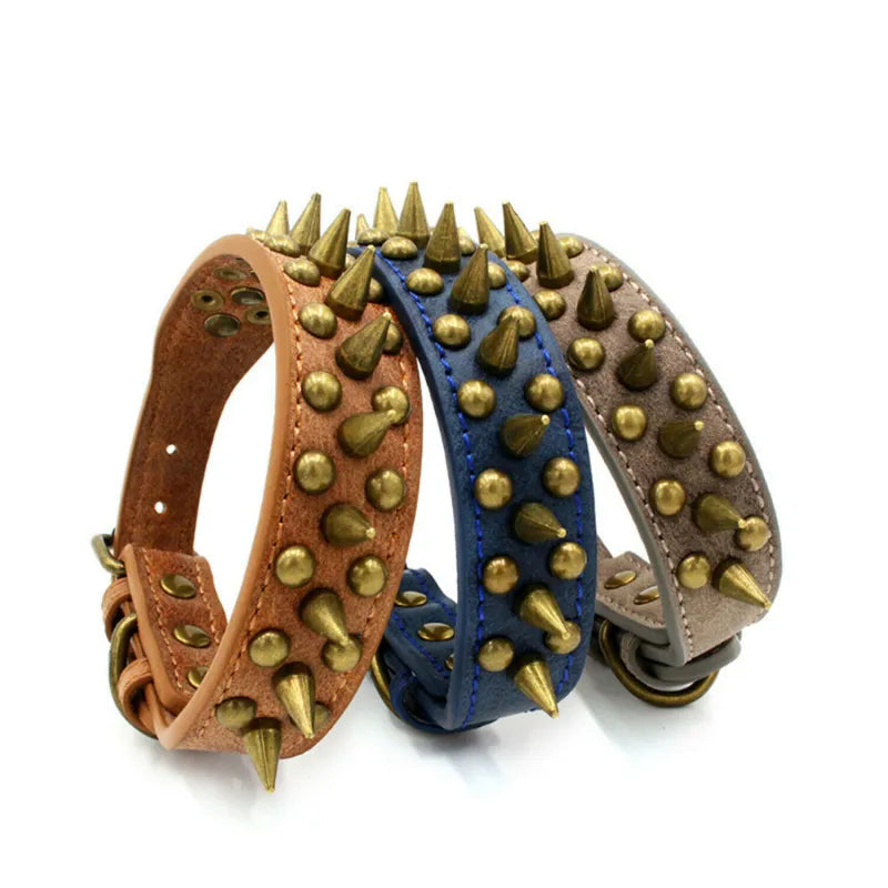 Leather Dog Collar With Rivets And Spikes In 3 Colors
