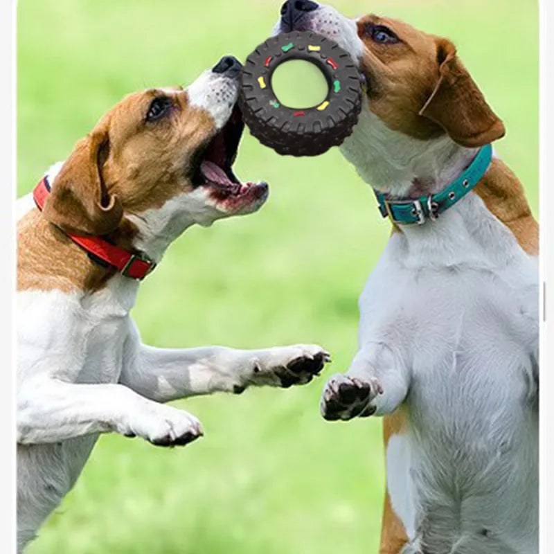 Robust Dog Toy In Tire Shape With Chew Structure And Colourful Details