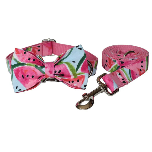 Dog Collar With Bow And Leash In Watermelon Design - Adjustable And Comfortable
