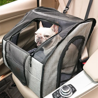 Safe Car Dog Seat - Foldable Transport Bag With Mesh Windows And Belt System