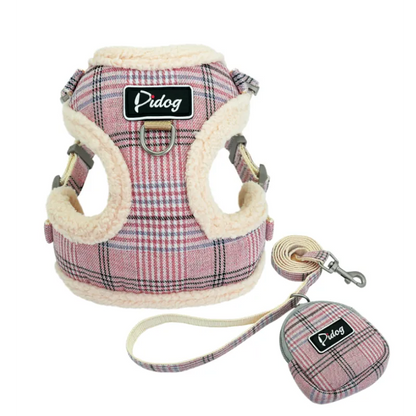 Cosy Dog Harness In Chequered Pattern With Lead - With Practical Dog Bag For Walks