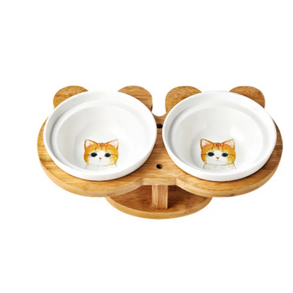 Raised Food Bowl For Cats - Double Ceramic Bowl With Bamboo Stand