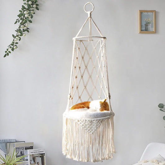 Macramé Cat Hanging Chair - Boho Hammock With Cosy Cushion For Cats