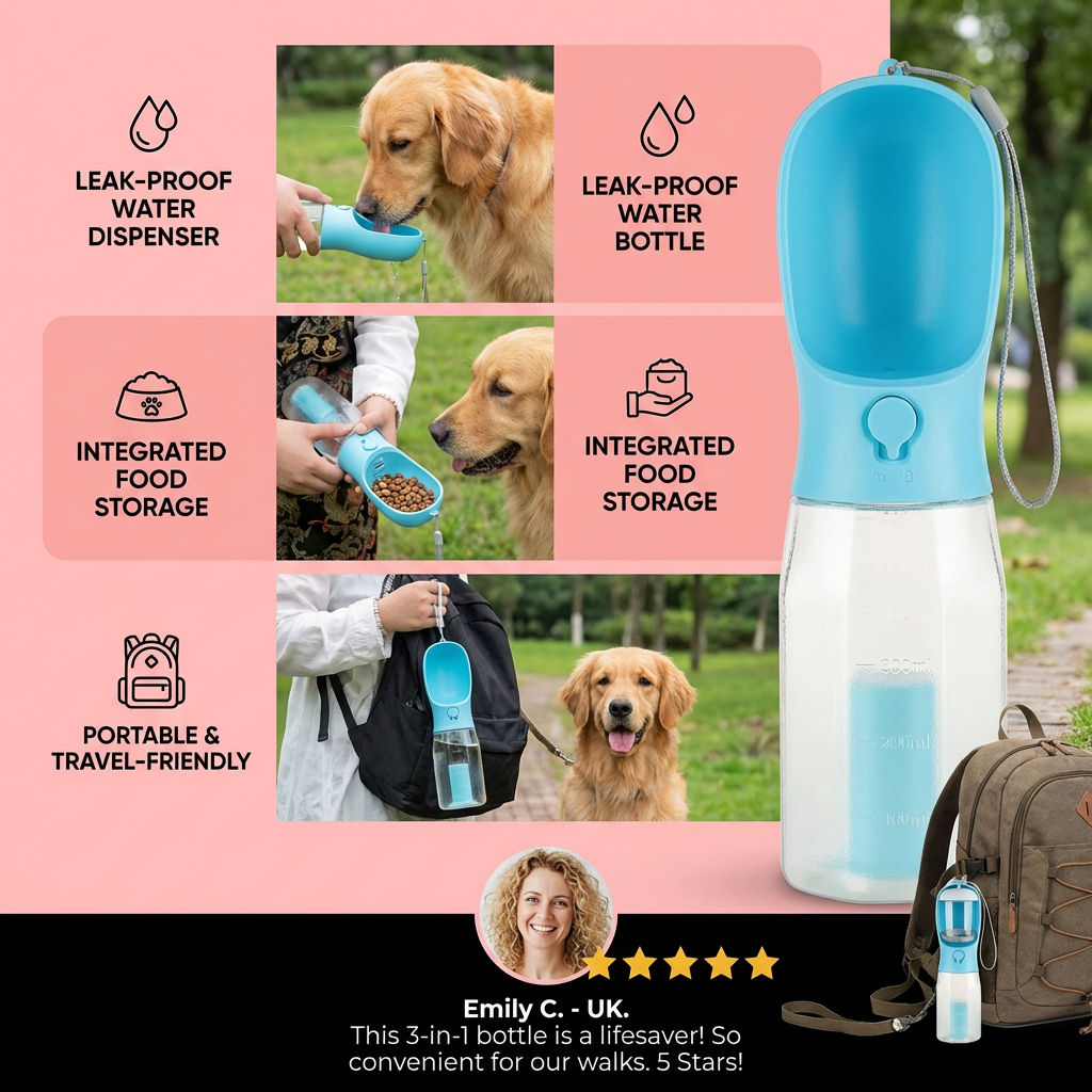 3-in-1 Dog Water Bottle – Travel Bottle with Food Container