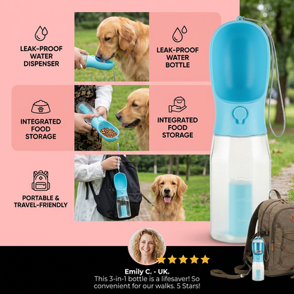 3-in-1 Dog Water Bottle – Travel Bottle with Food Container