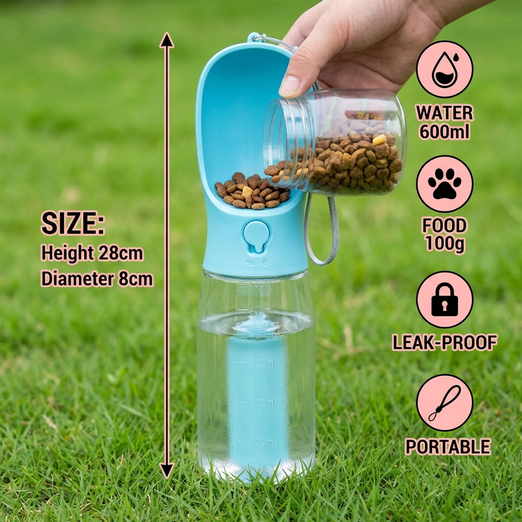 3-in-1 Dog Water Bottle – Travel Bottle with Food Container