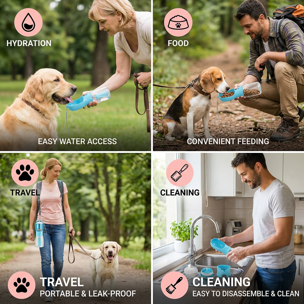 3-in-1 Dog Water Bottle – Travel Bottle with Food Container