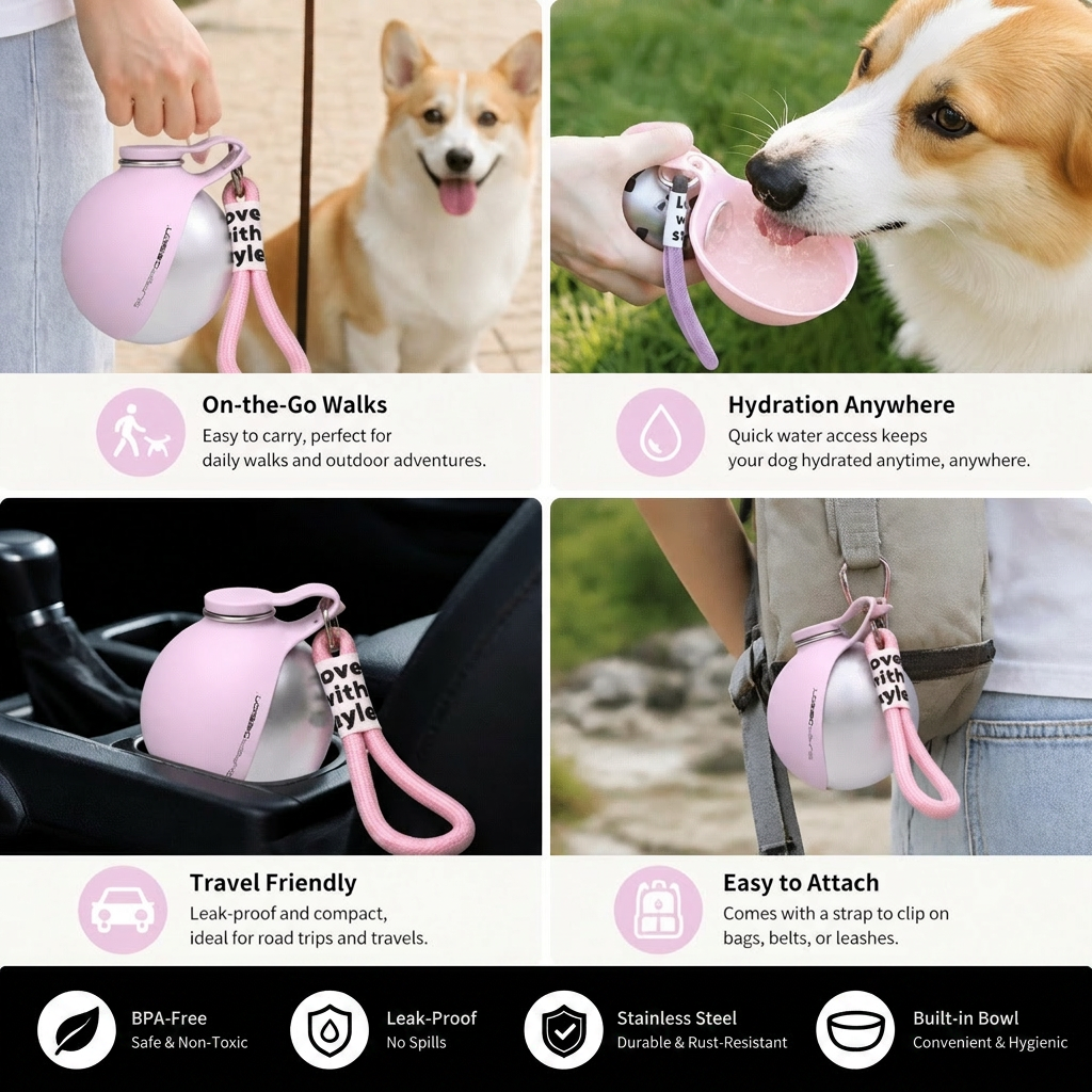 2-in-1 Travel Water Bottle for Dogs – Leak-Proof Stainless Steel Bottle with Silicone Bowl