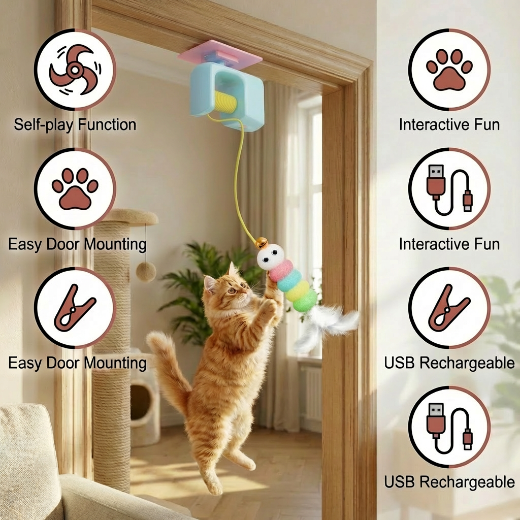 Interactive door yo-yo cat toy with self-play function
