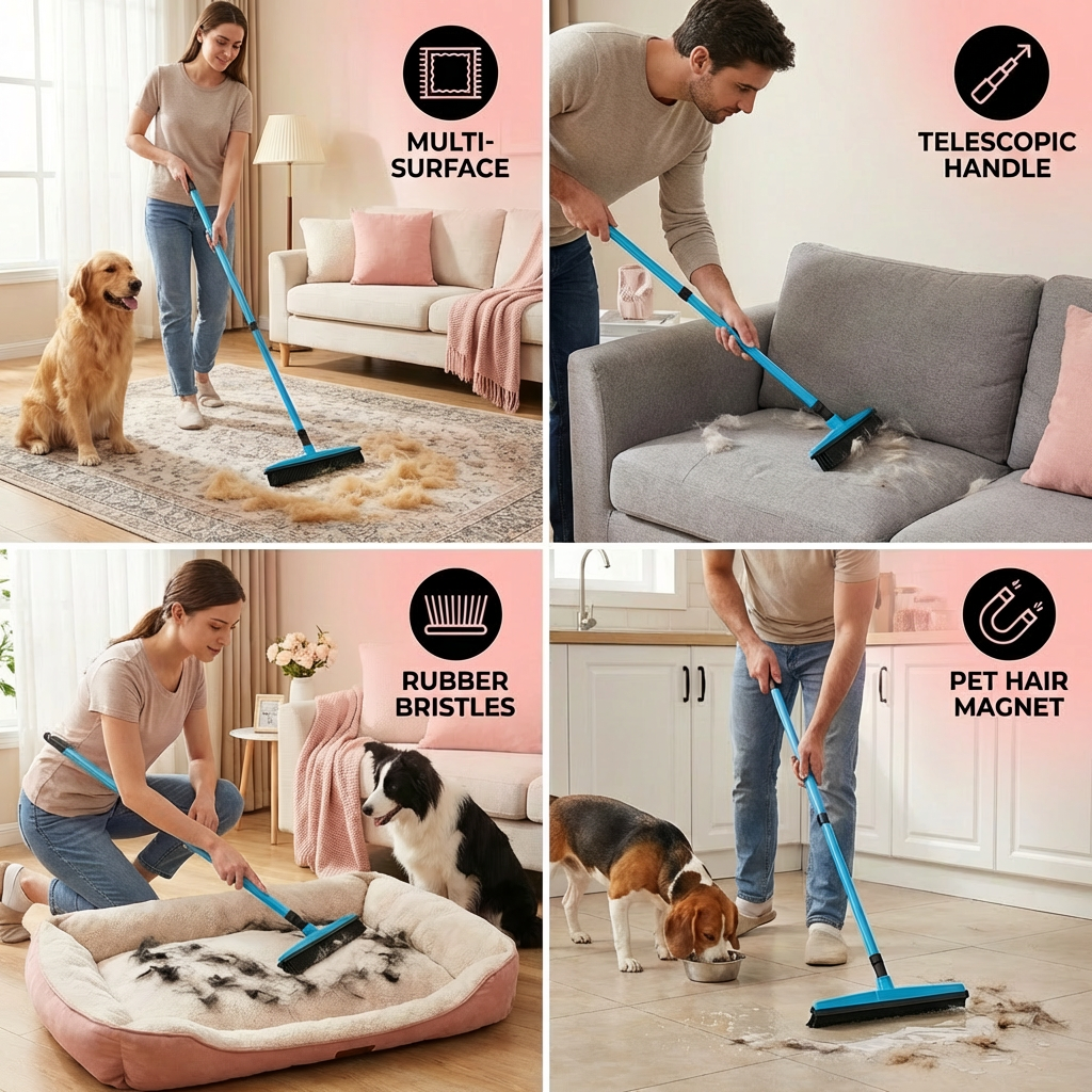 Telescopic Pet Hair Removal Broom – Multi-Surface Cleaner for Carpet, Sofa & Dog Bed