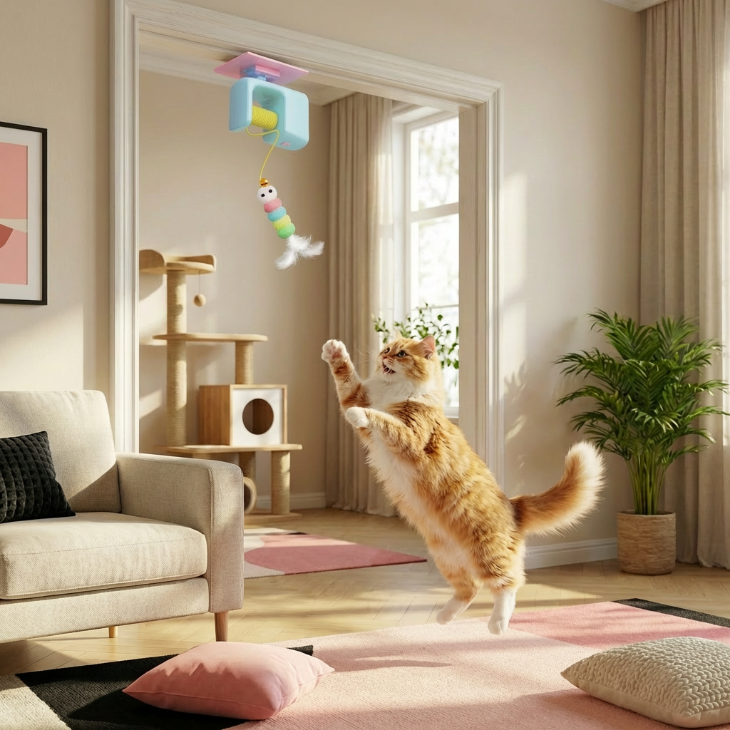 Interactive door yo-yo cat toy with self-play function