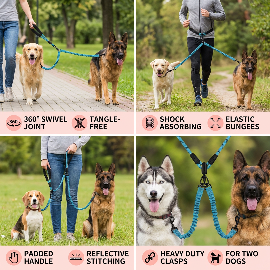 2-in-1 Dog Double Leash with 360° Swivel Joint – Tangle-Free & Shock Absorbing