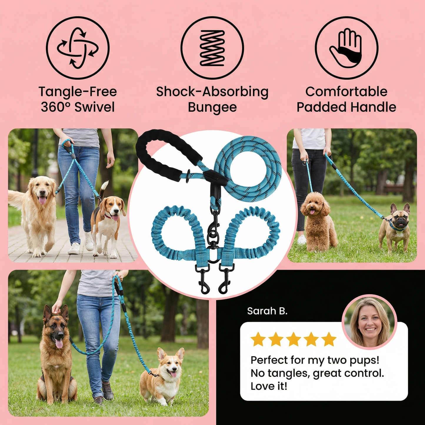 2-in-1 Dog Double Leash with 360° Swivel Joint – Tangle-Free & Shock Absorbing