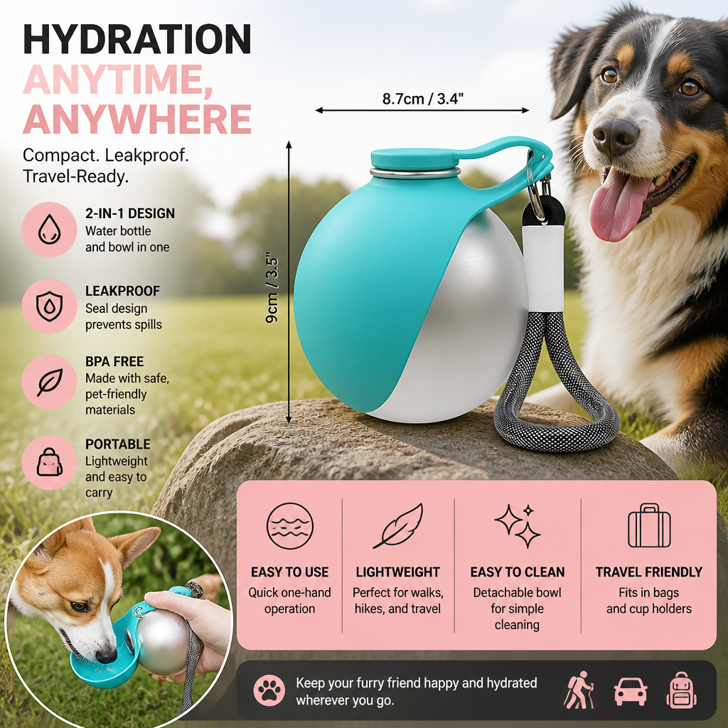 Sphere 2-in-1 Dog Water Bottle with Silicone Bowl – Leakproof Travel Bottle