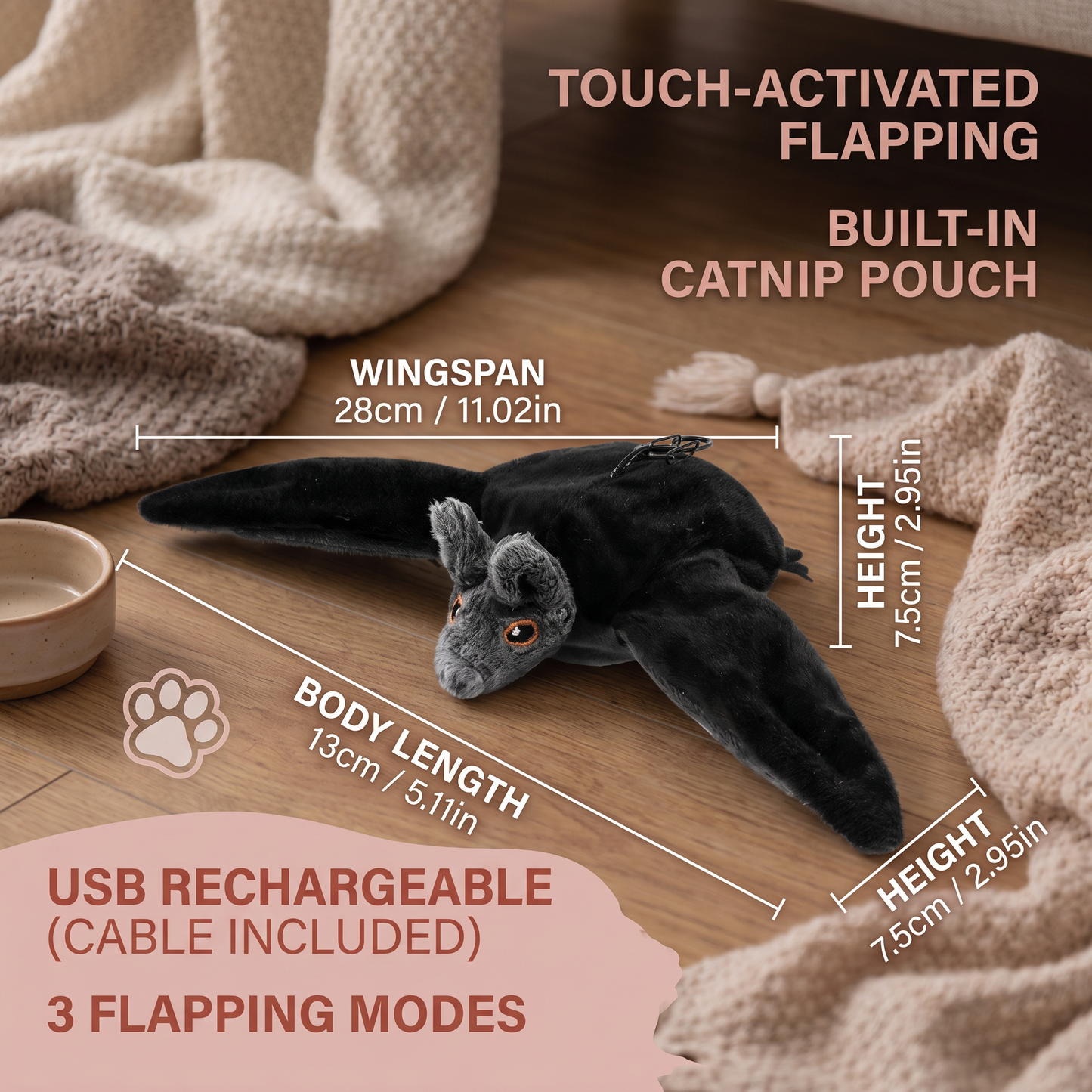 Touch—Activated Flapping Bat Cat Toy with Catnip