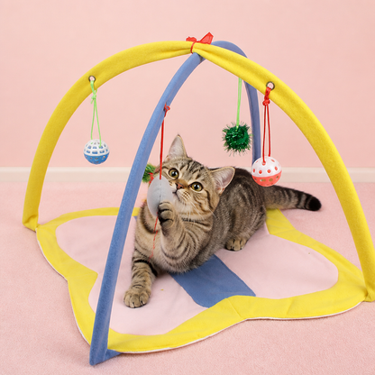 Foldable Cat Play Tent with Hanging Toys and Activity Mat