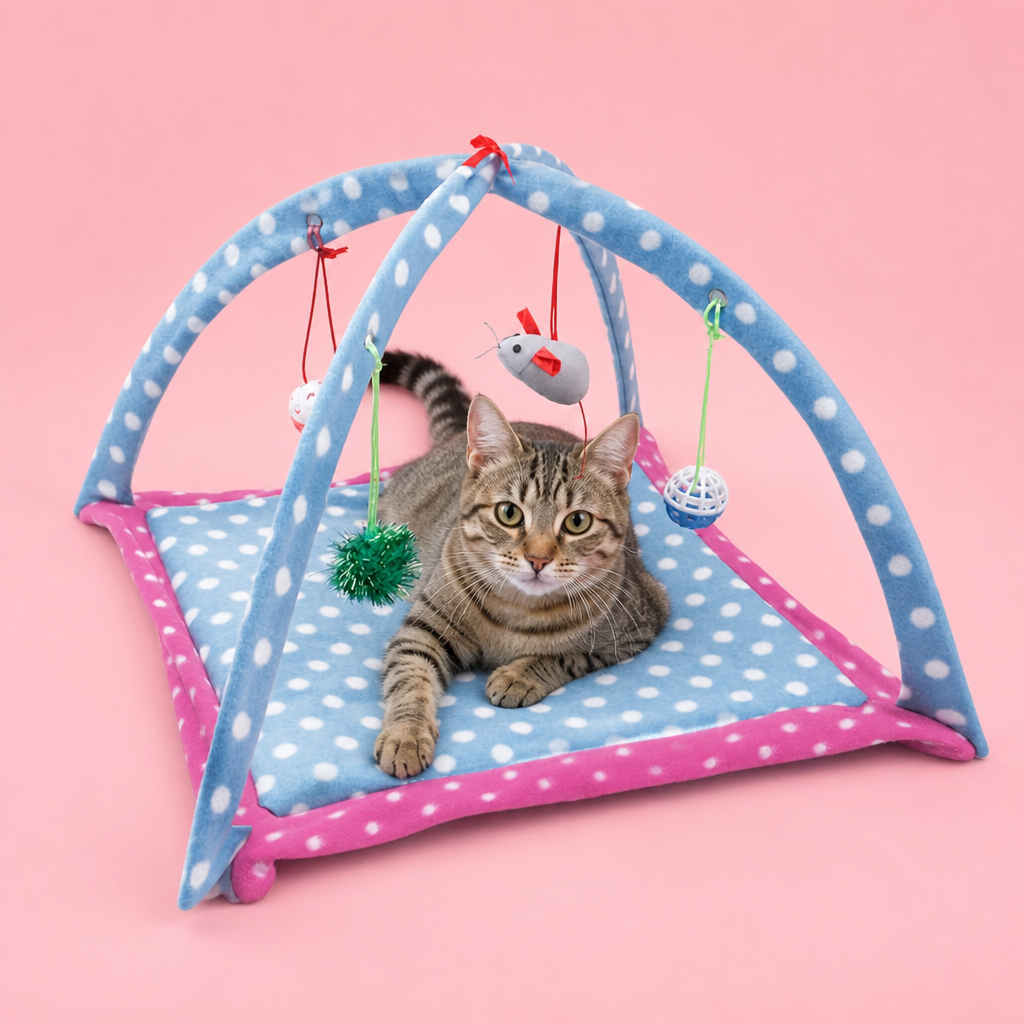 Foldable Cat Play Tent with Hanging Toys and Activity Mat