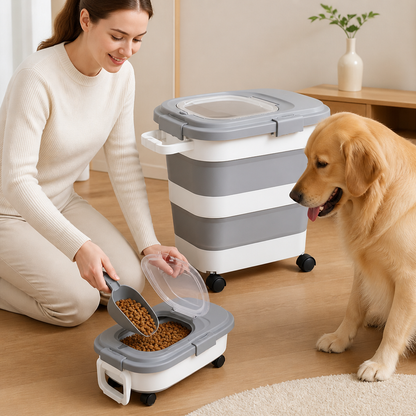 Collapsible Pet Food Storage Container with Wheels Lid and Scoop