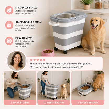 Collapsible Pet Food Storage Container with Wheels Lid and Scoop