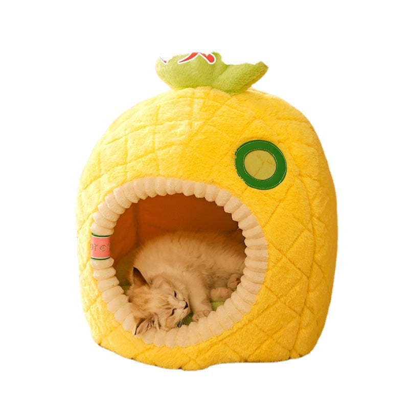 Pineapple Cat Cave - Soft And Cosy Sleeping Cave For Cats, Pet Bed For Cats In Fruit Design