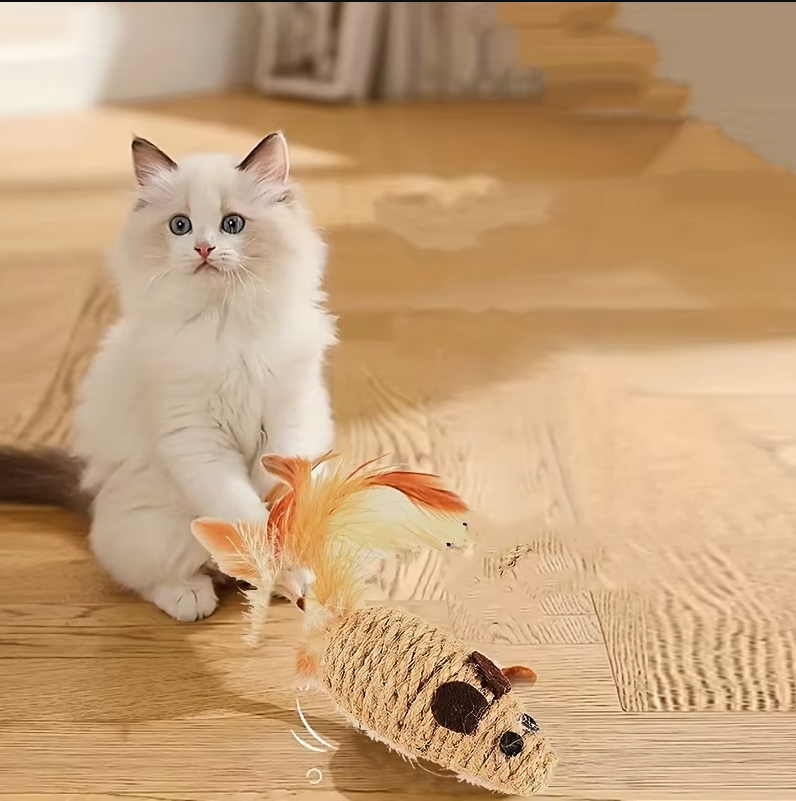 Sisal Fish Cat Toy - Natural Prey Game With Feathers For Active Cats