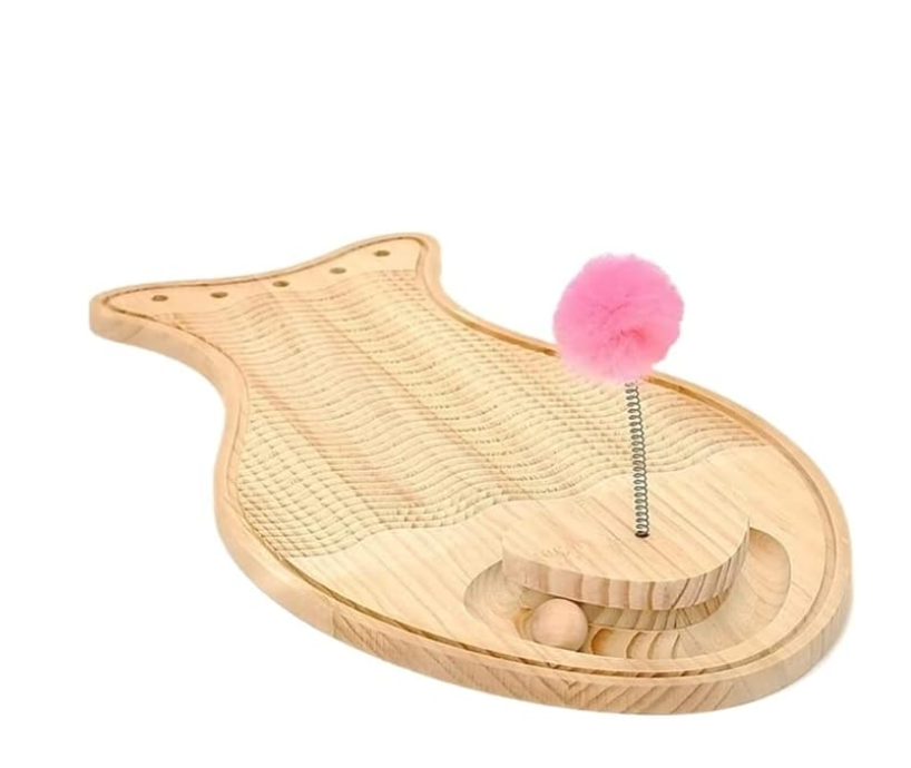 Wooden Cat Toy Scratching Board - Interactive Play Mat With Feather And Ball