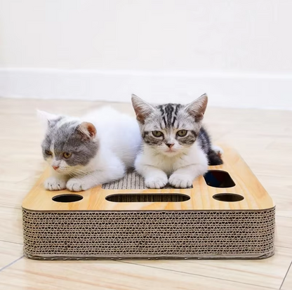 Cat Scratching Board With Toy - Scratching Mat Made Of Corrugated Cardboard And Wooden Frame