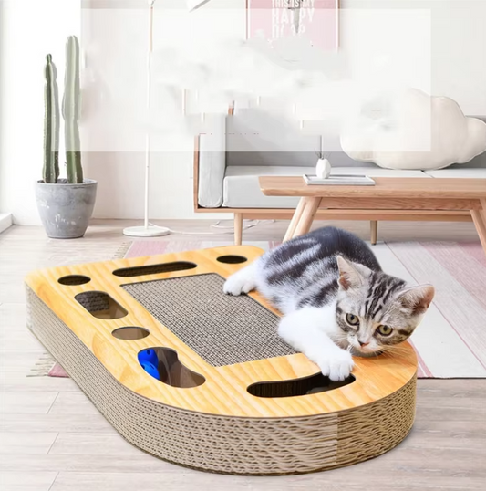 Cat Scratching Board With Toy - Scratching Mat Made Of Corrugated Cardboard And Wooden Frame