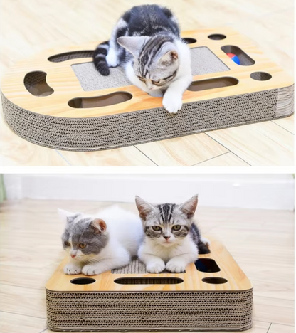 Cat Scratching Board With Toy - Scratching Mat Made Of Corrugated Cardboard And Wooden Frame