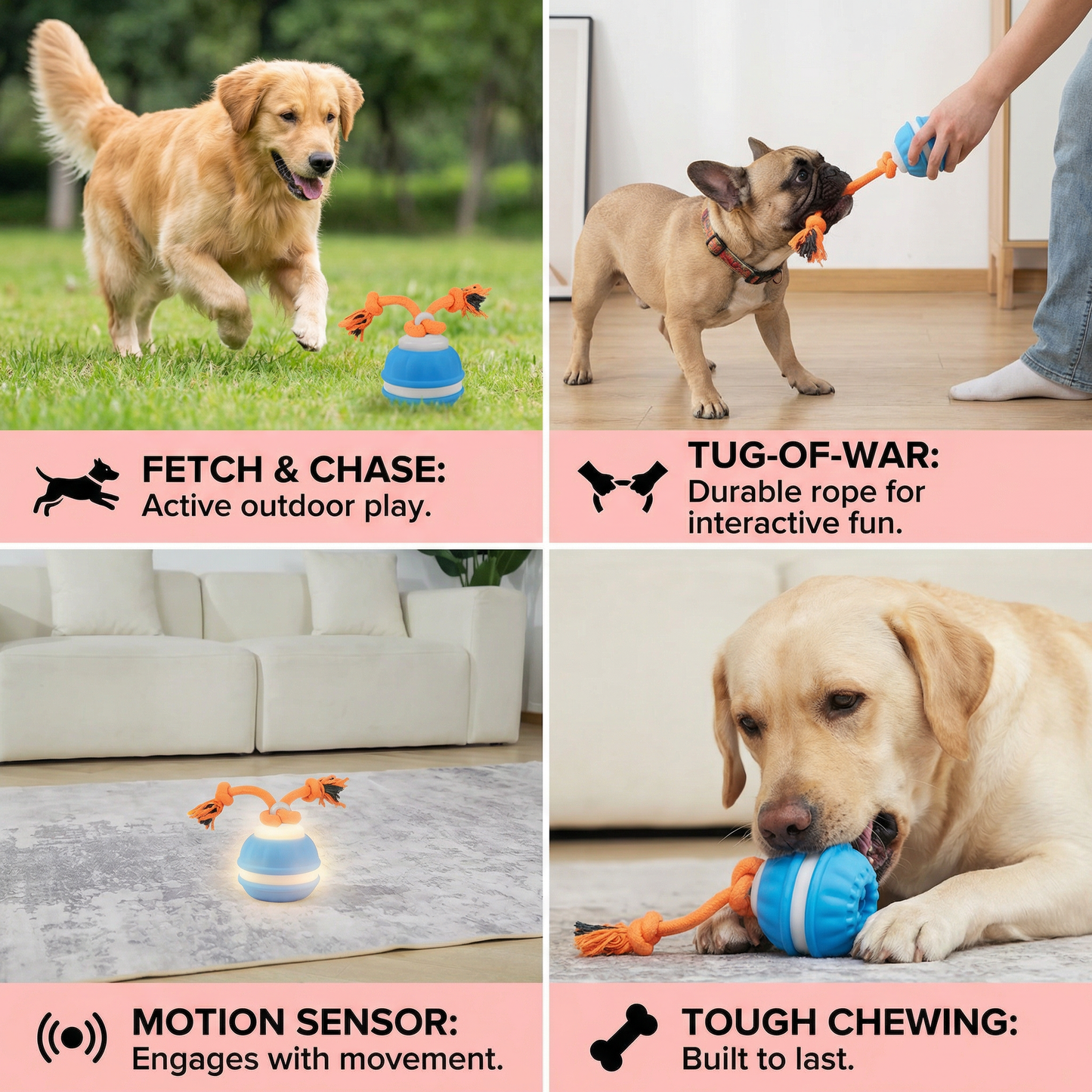 Durable Dog Play Ball with Motion Sensor and Tug Rope in Dog-Friendly Colours