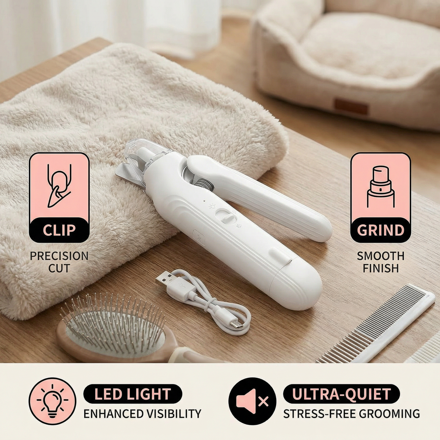 2-in-1 Professional Dog Nail Clipper & Grinder – Ultra-Quiet & Rechargeable