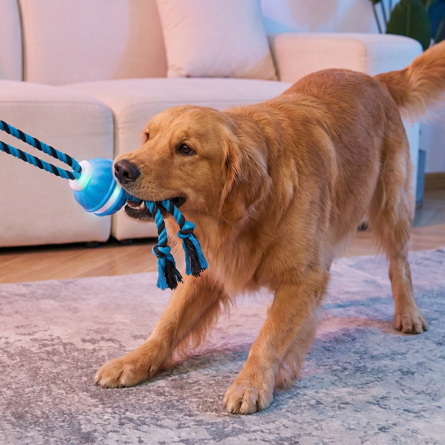 Durable Dog Play Ball with Motion Sensor and Tug Rope in Dog-Friendly Colours