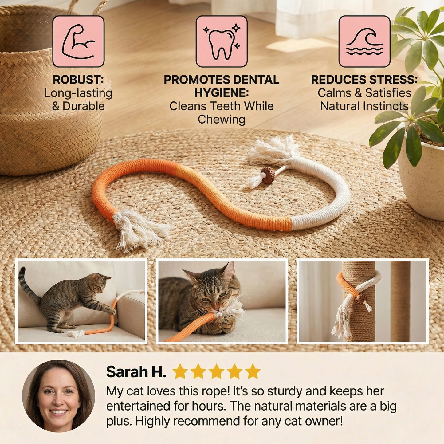 Natural Cat Chew Rope – Robust, Promotes Dental Hygiene and Reduces Stress