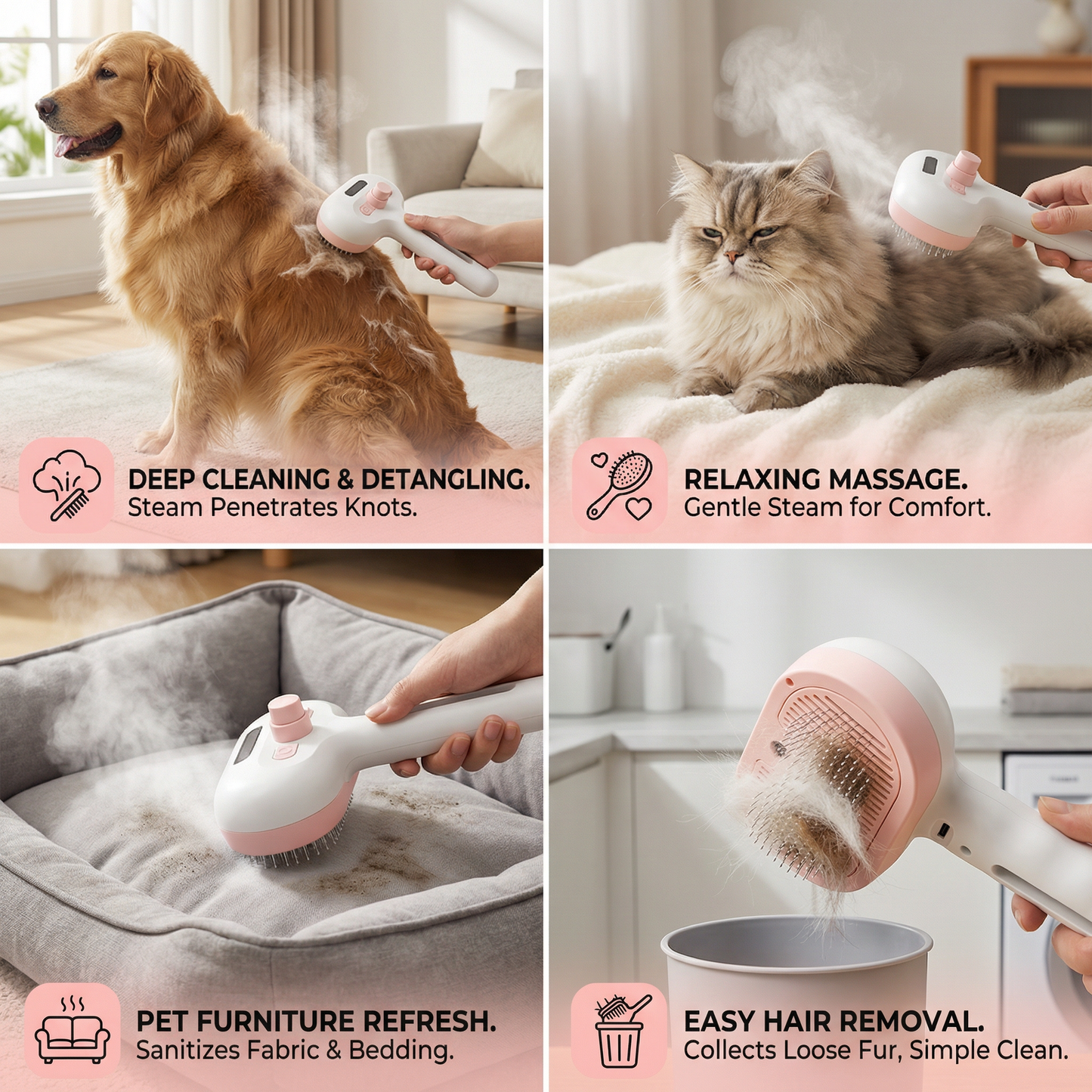 Premium pet brush with steam function