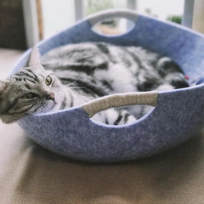 Felt Pet Bed For Cats - Soft Comfortable Basket With Handles