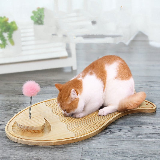 Wooden Cat Toy Scratching Board - Interactive Play Mat With Feather And Ball
