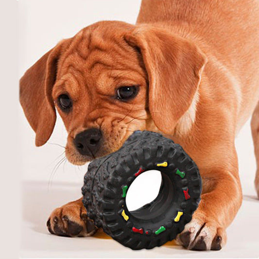 Robust Dog Toy In Tire Shape With Chew Structure And Colourful Details